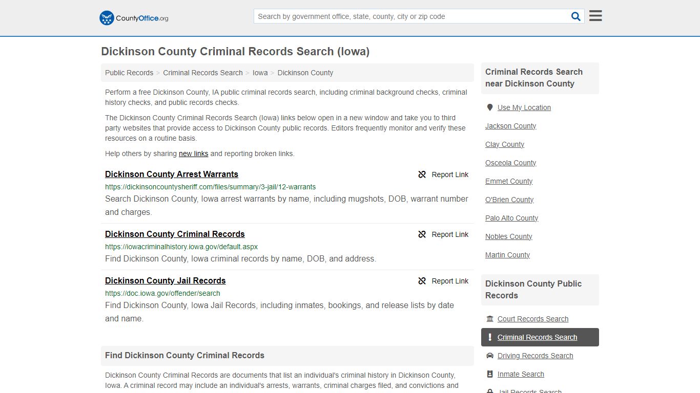 Dickinson County Criminal Records Search (Iowa)